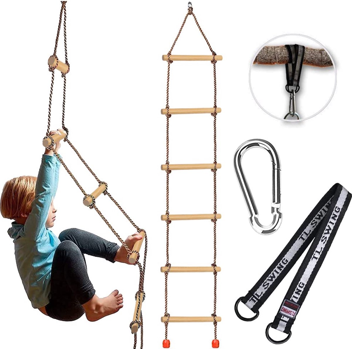 LaMoussawi ® Veelzijdige Houten Trapeziumschommel met Kunststof Ringen voor Kinderen Buiten en Binnen